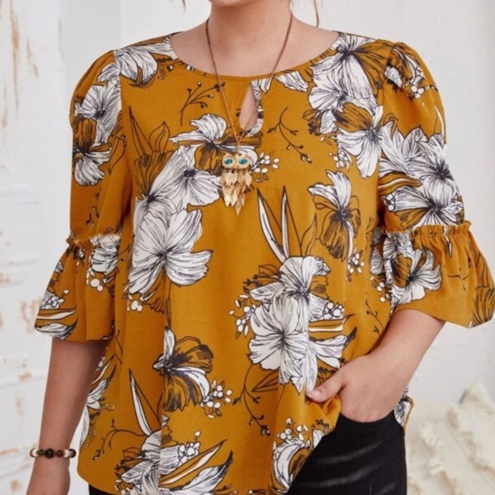 SHEIN Emery Rose Women’s Plus Mustard and White Floral Top, 5X